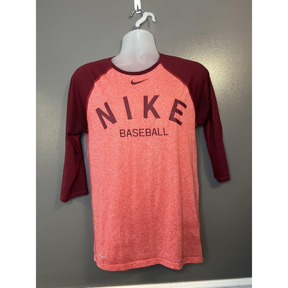 Nike Shirt Mens Small Red Maroon Dri-FIT Baseball 3/4 Sleeve Raglan Performance